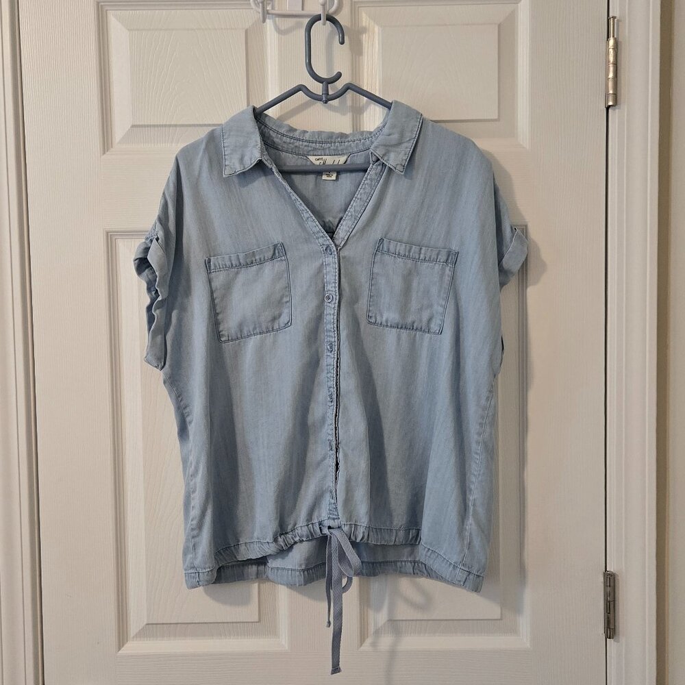Caffe Marrakesh Pale Blue Chambray Short Sleeve Tie Waist Button Up Top Size L